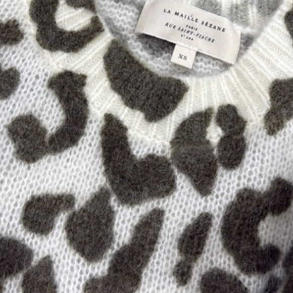 SÉZANE Indiana Leopard Print Mohair Knit Jumper Sweater Ivory Green - Picture 6 of 13